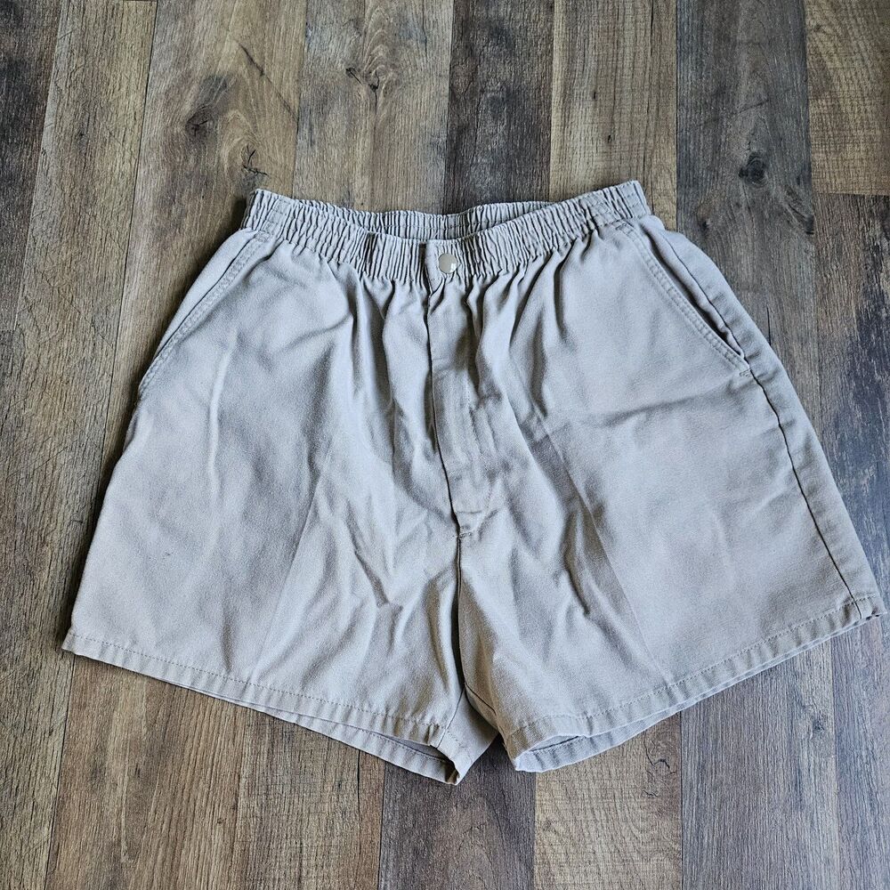 Vintage Lord Isaacs Tan Khaki Elastic Waist Shorts Made in USA Small​